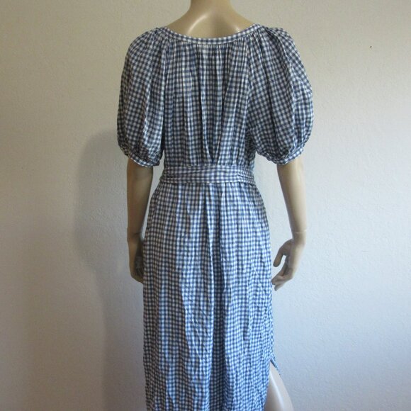 DOEN Blue & White Gingham Check Midi Button L Puffy Sleeves Waist Sash Dress - Picture 3 of 5